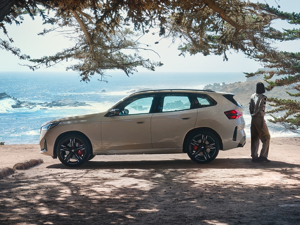BMW X3 am Strandufer mit einer Frau daneben